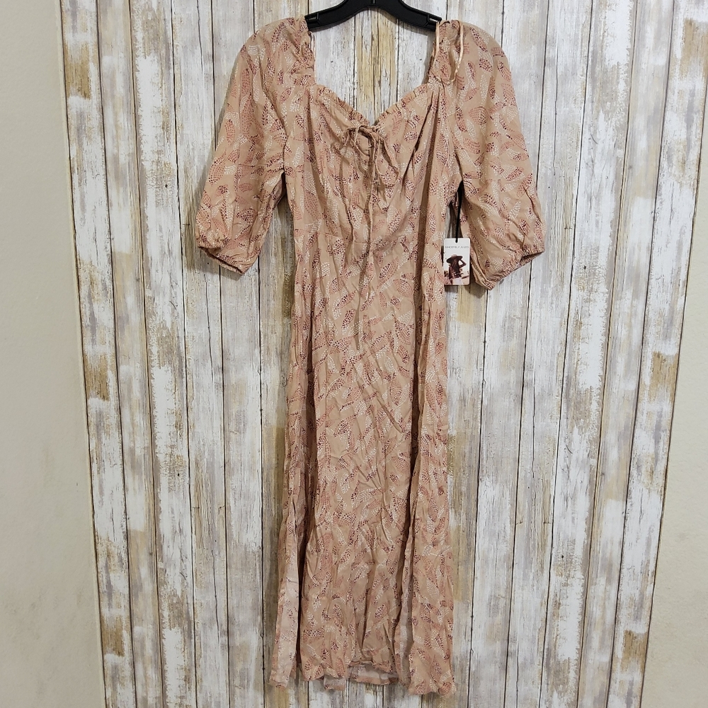 Sincerely Jules Cottagecore Blush Pink Lace Up Puff Sleeve Midi Dress Size S